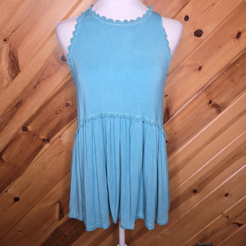 POL Womens Flowy Tunic‎ Blue Top Blouse Medium Lace Trim Boho Western